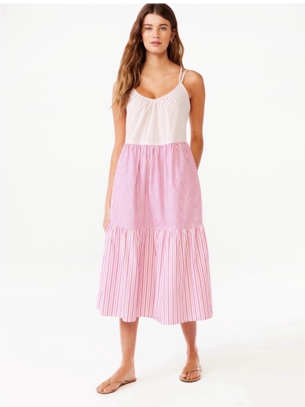 Pink Striped Spaghetti-Strap Tiered Maxi Dress